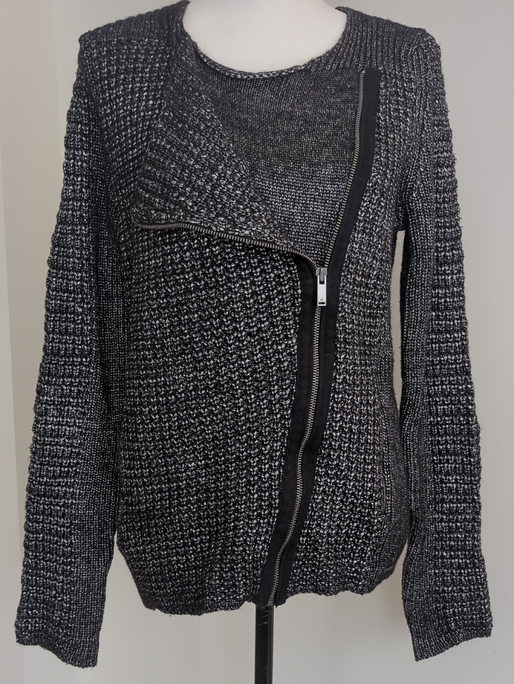Calvin Klein Jeans Charcoal Gray Marled Knit Asymmetric Moto Zip Sweater Jacket